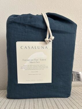 NWT California King 100% Linen Sheet Set Dark Mineral Blue - Casaluna